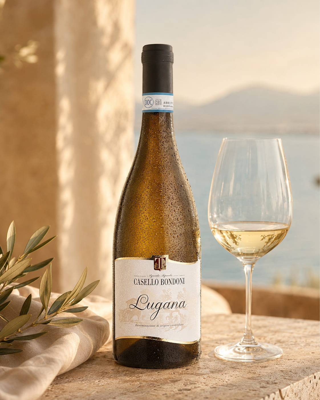 Flasche und Glas Casello Bondoni Lugana DOC auf hellem Stein im warmen Gardasee-Licht