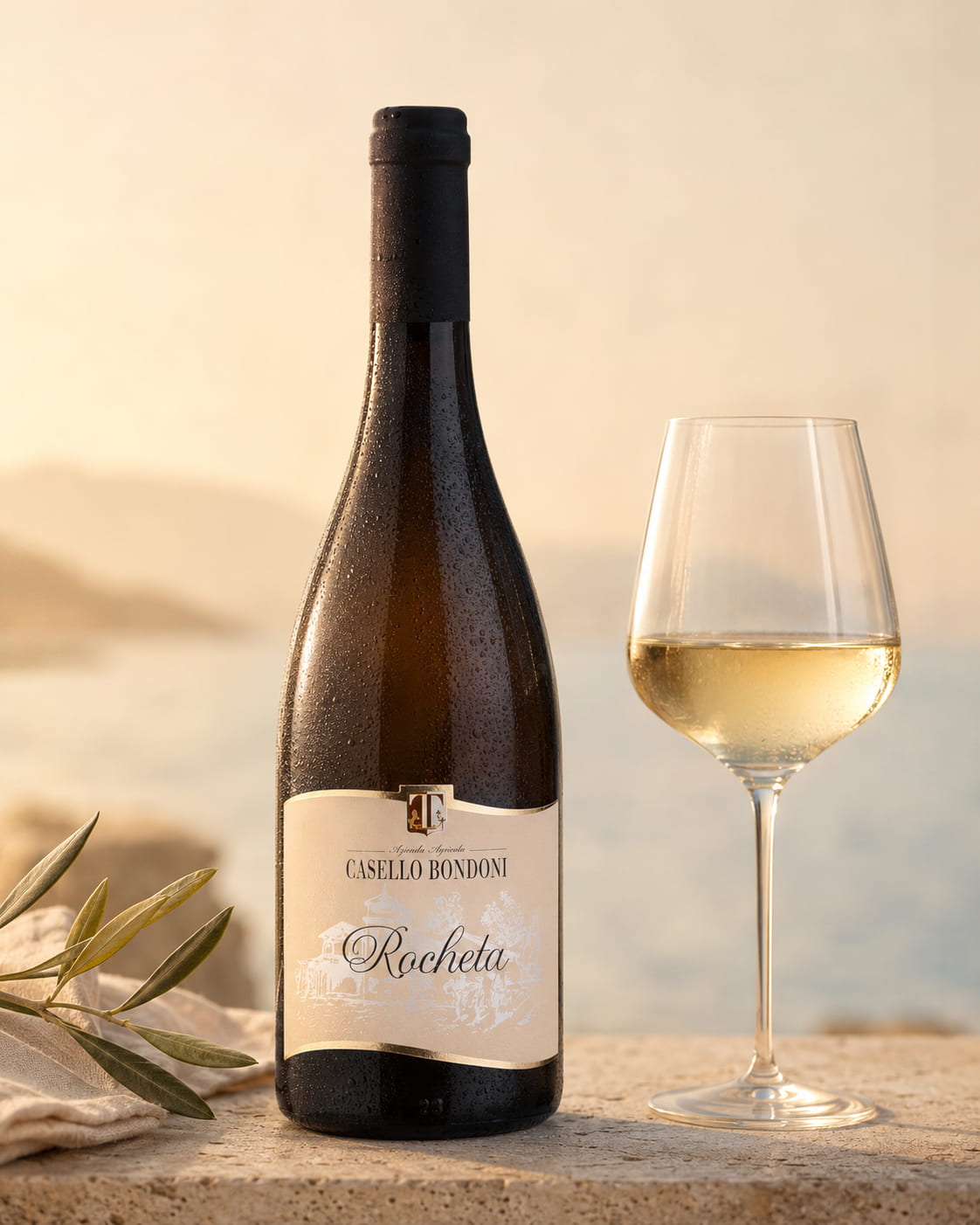 Flasche und Glas Casello Bondoni Rocheta auf hellem Stein im warmen Gardasee-Licht