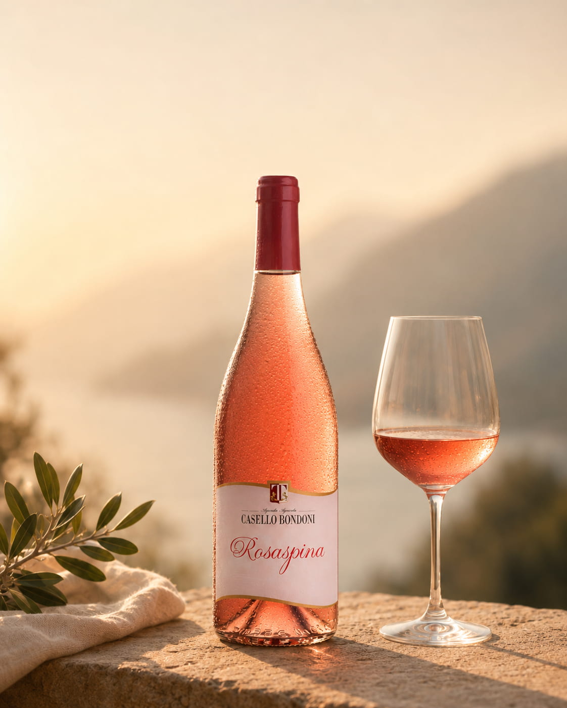 Flasche und Glas Rosaspina Chiaretto von Casello Bondoni auf hellem Stein im warmen Gardasee-Licht