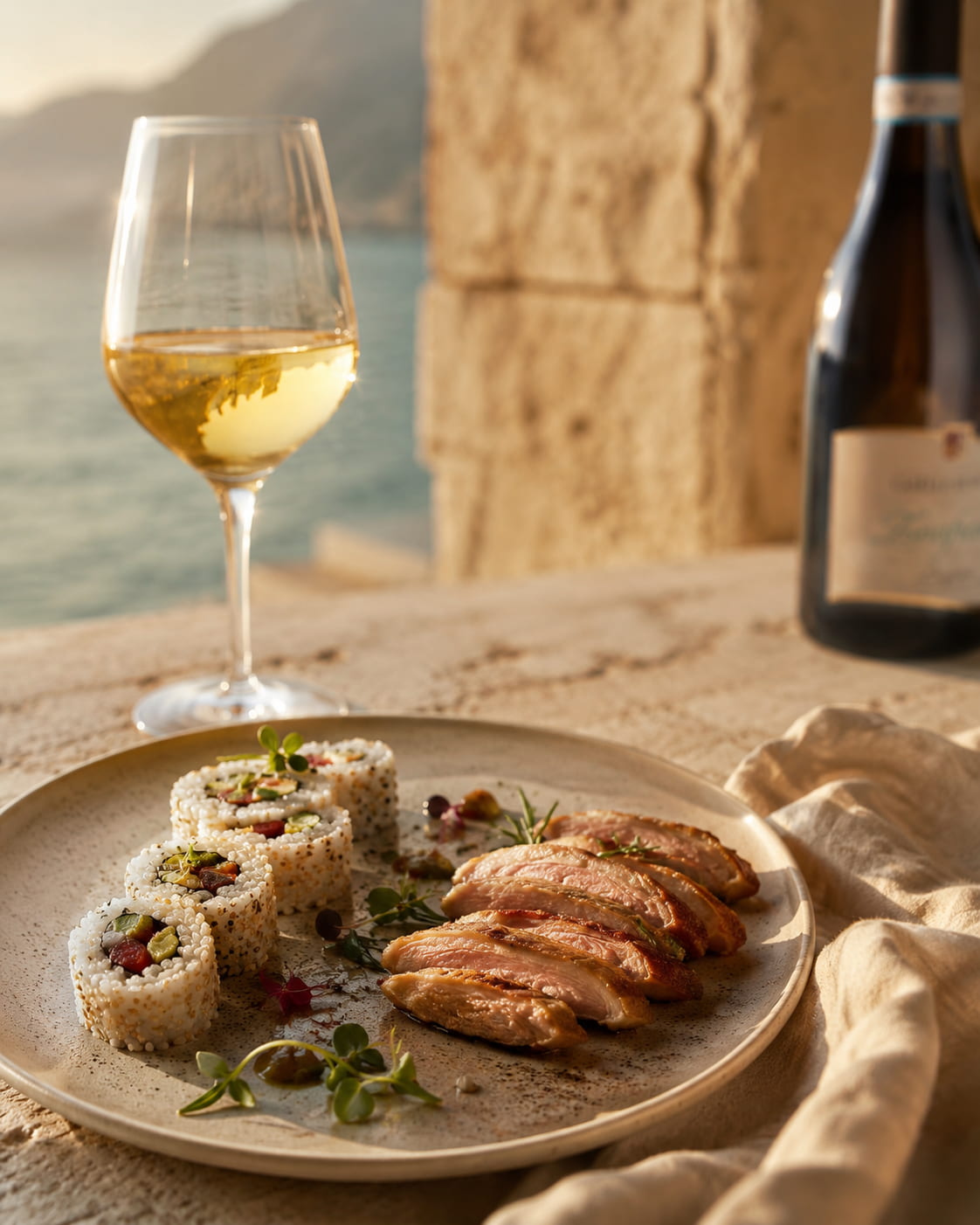 Zonafranca Barrique-Lugana von Casello Bondoni zu Sushi und Fisch-Carpaccio – Weißwein vom Gardasee
