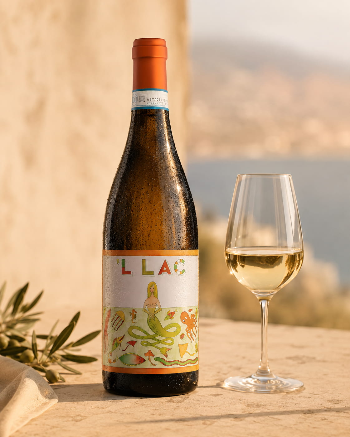 Flasche und Glas 'L Lac Lugana auf hellem Stein im warmen Gardasee-Licht
