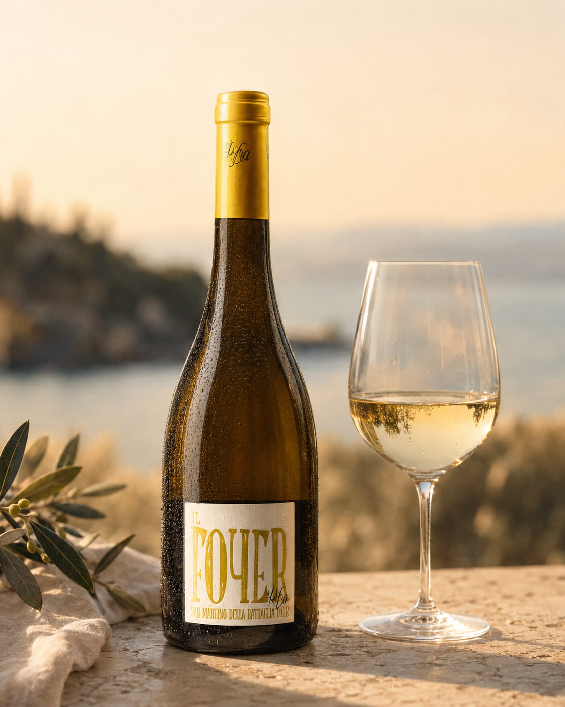 Flasche und Glas Il Foyer Tocai Friulano von La Rifra auf hellem Stein im warmen Gardasee-Licht