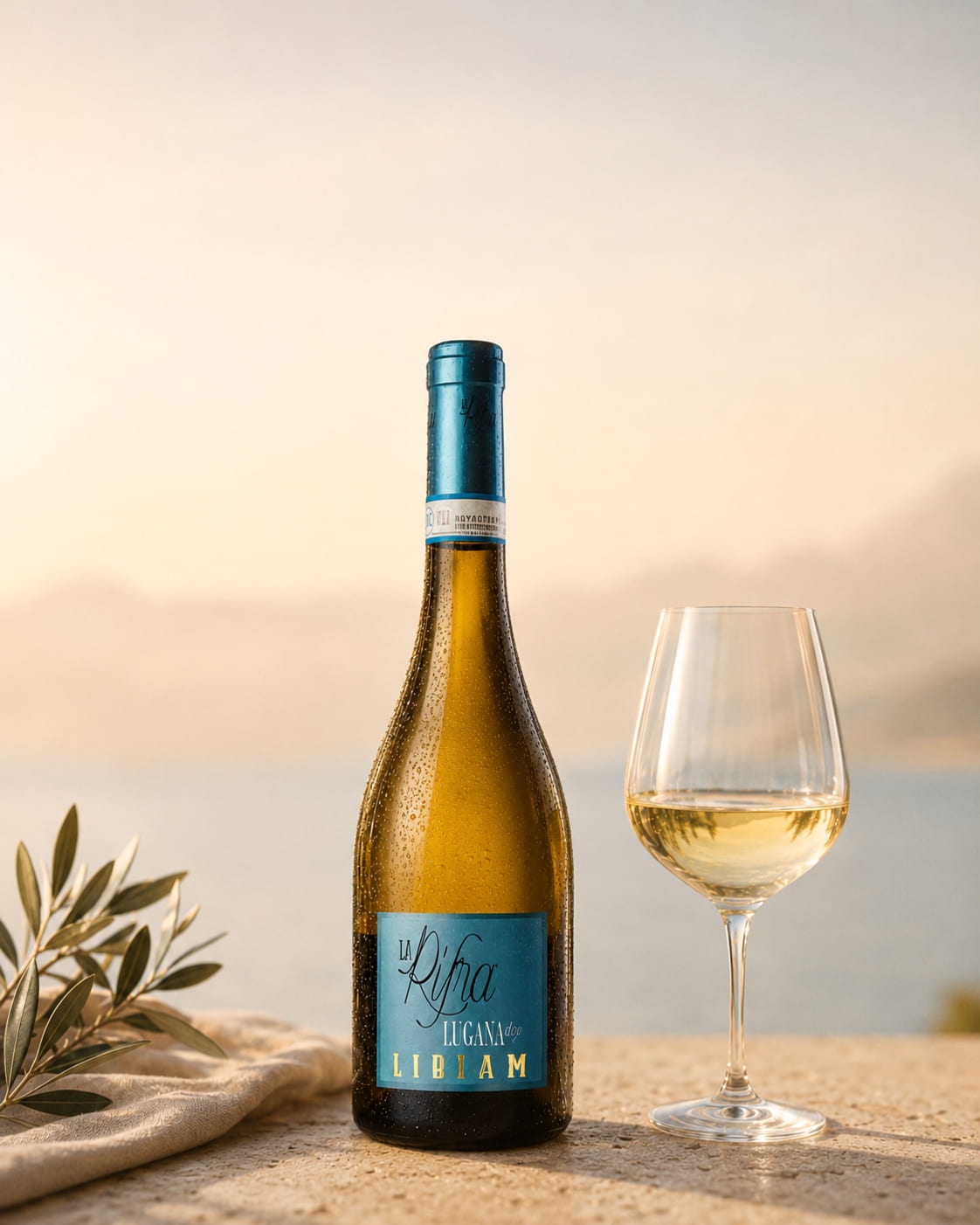 Flasche und Glas La Rifra Libiam auf hellem Stein im warmen Gardasee-Licht