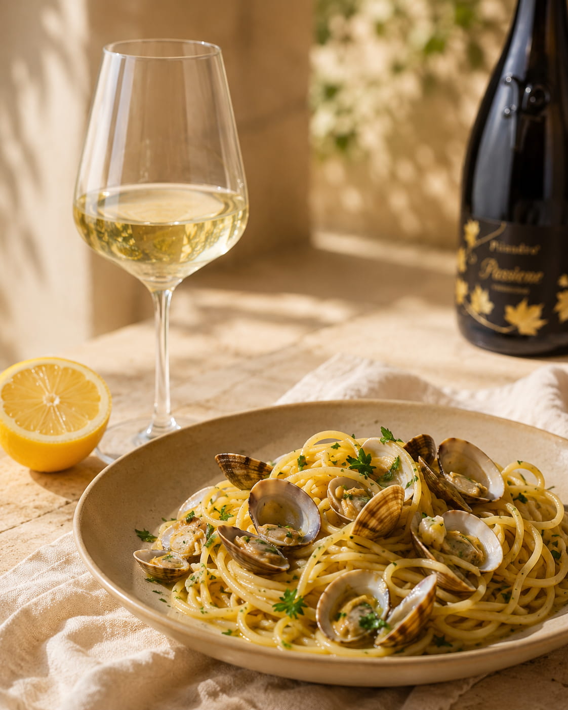 Passione Verdicchio von Pilandro zu Spaghetti alle vongole und Meeresfrüchten