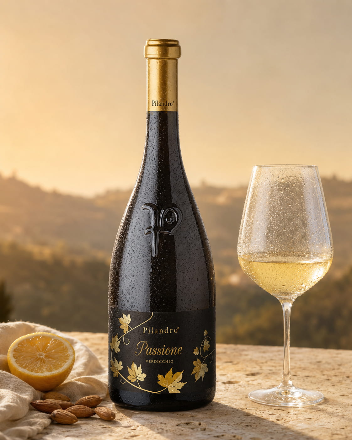 Flasche und Glas Passione Verdicchio von Pilandro auf hellem Stein im warmen Licht