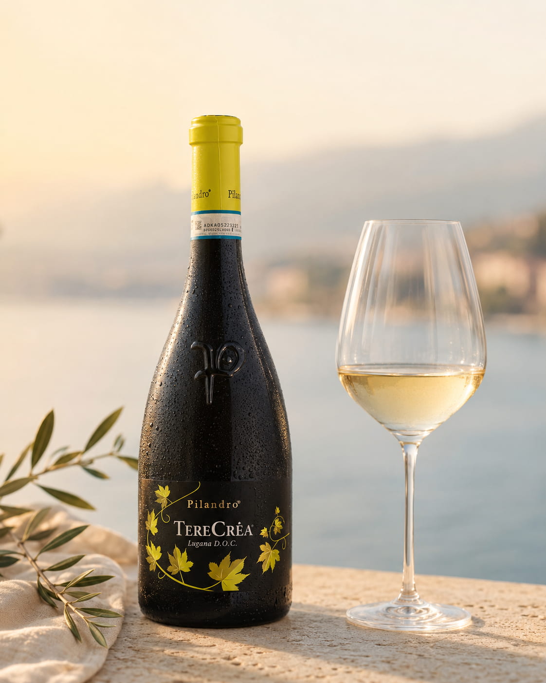 Flasche und Glas Pilandro Terecrèa auf hellem Stein im warmen Gardasee-Licht