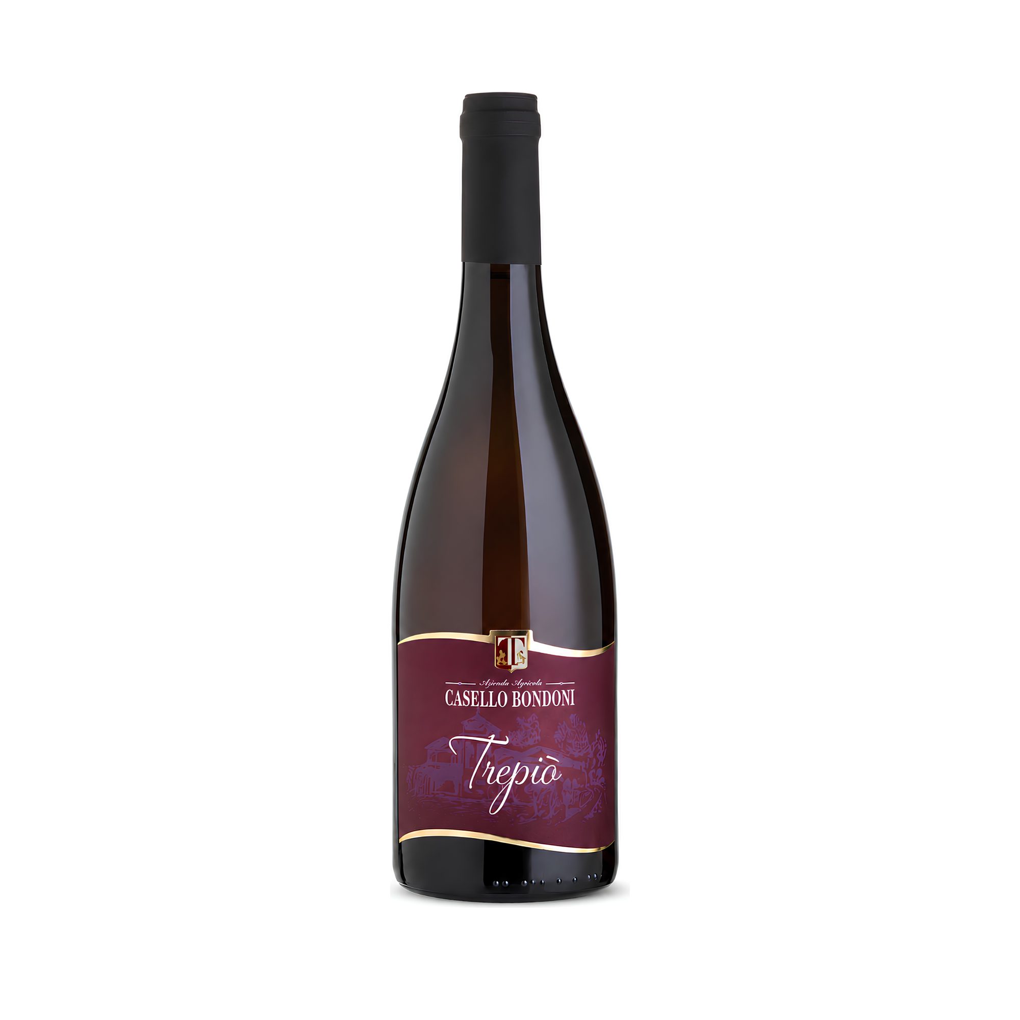Flasche Trepiò Marzemino DOC von Casello Bondoni auf Weiß, Rotwein vom Gardasee-Südufer