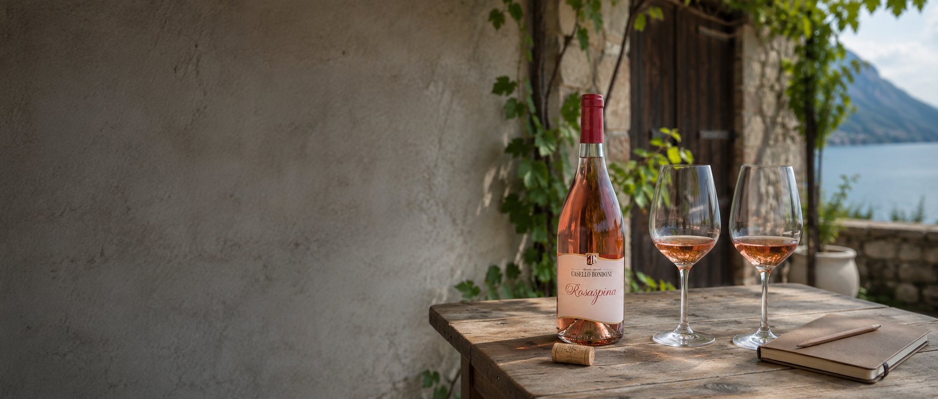 Flasche Chiaretto Rosé mit zwei Gläsern und Notizbuch auf einer Terrasse am Gardasee