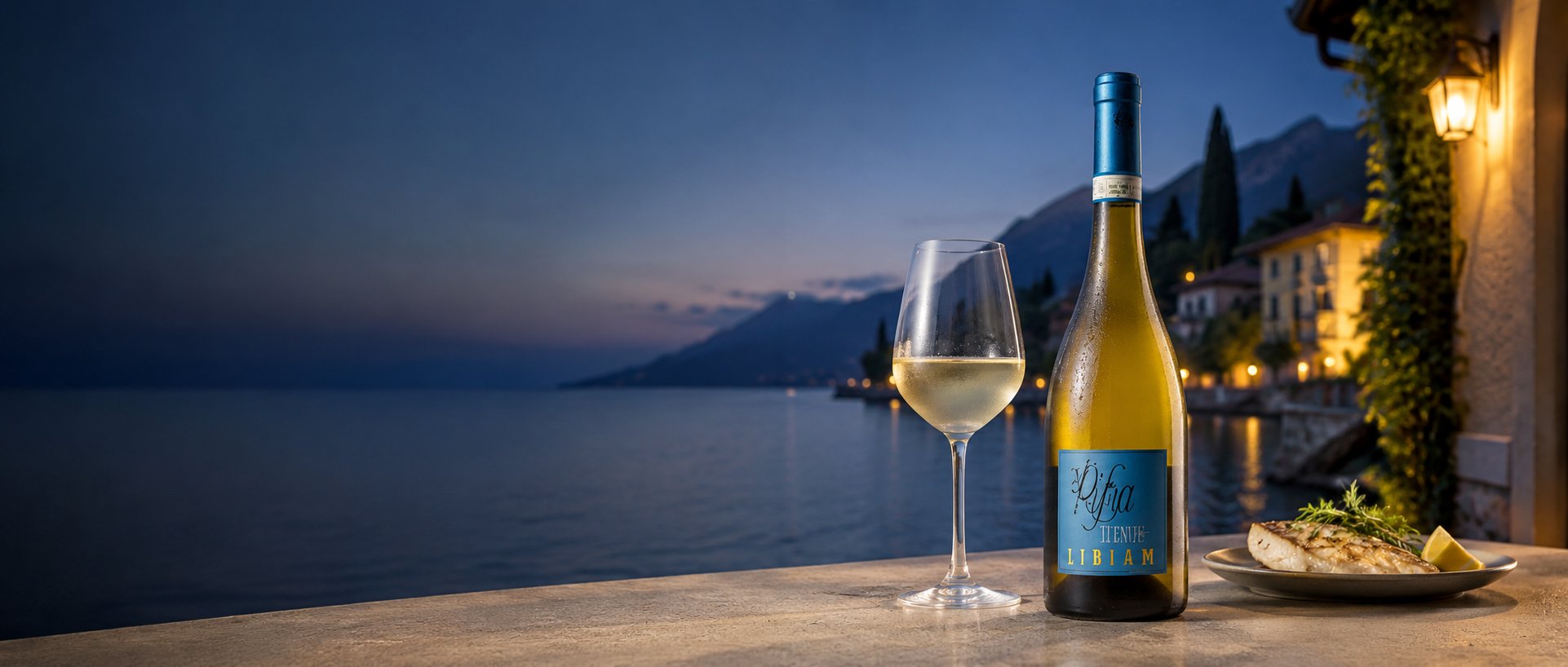 Glas und Flasche Lugana Weißwein mit einem Gericht am Abend über dem Gardasee
