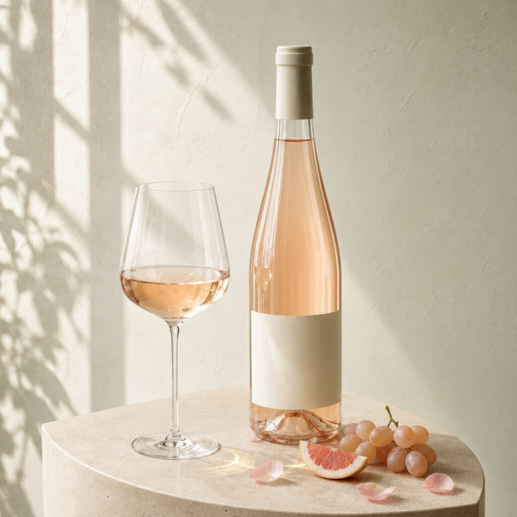 Roséwein vom Gardasee: gefülltes Glas und Flasche auf hellem Travertin – Chiaretto aus dem Riviera del Garda Classico