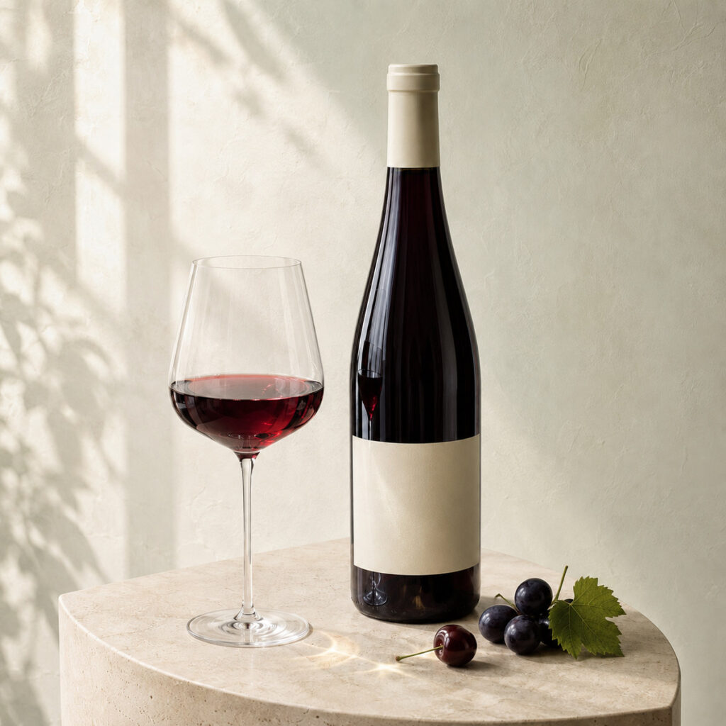 Rotwein vom Gardasee: gefülltes Glas und Flasche auf hellem Travertin – Rotwein aus den drei Zonen rund um den See
