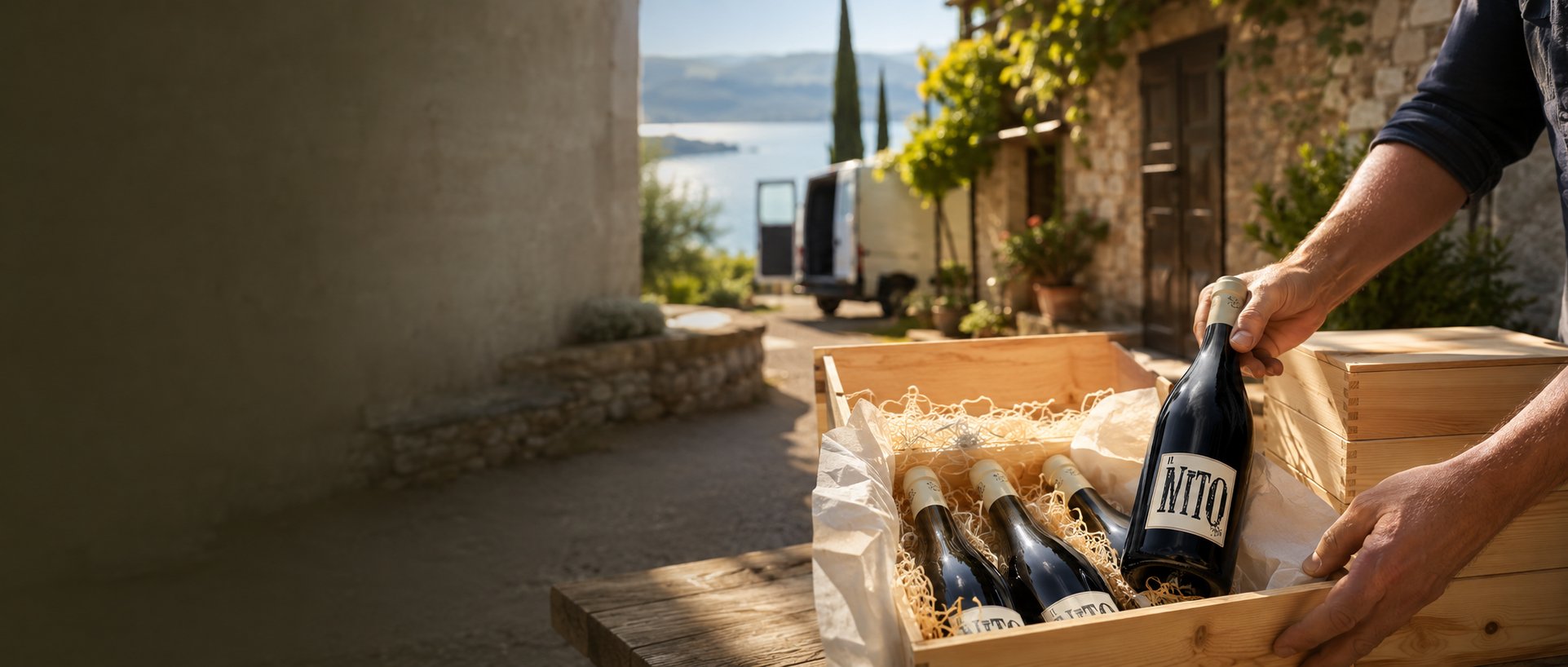 Winzer packt Weinflaschen am Gardasee in eine Holzkiste für den Direktimport