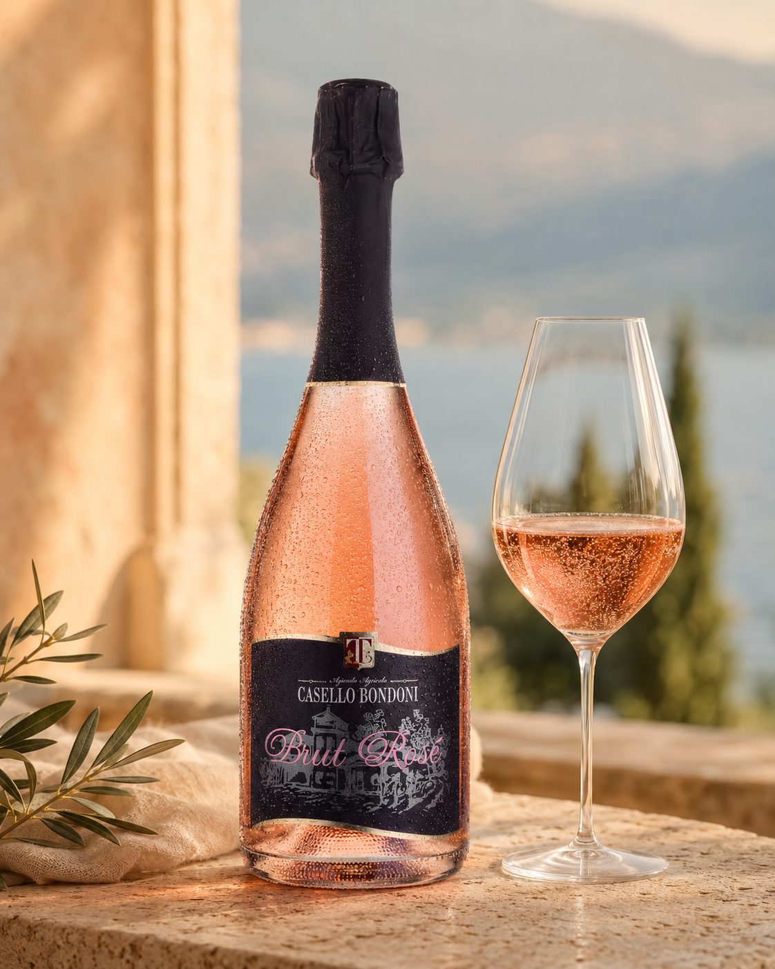 Flasche und gefülltes Glas Brut Rosé auf hellem Stein mit Blick auf den Gardasee – Spumante von Casello Bondoni