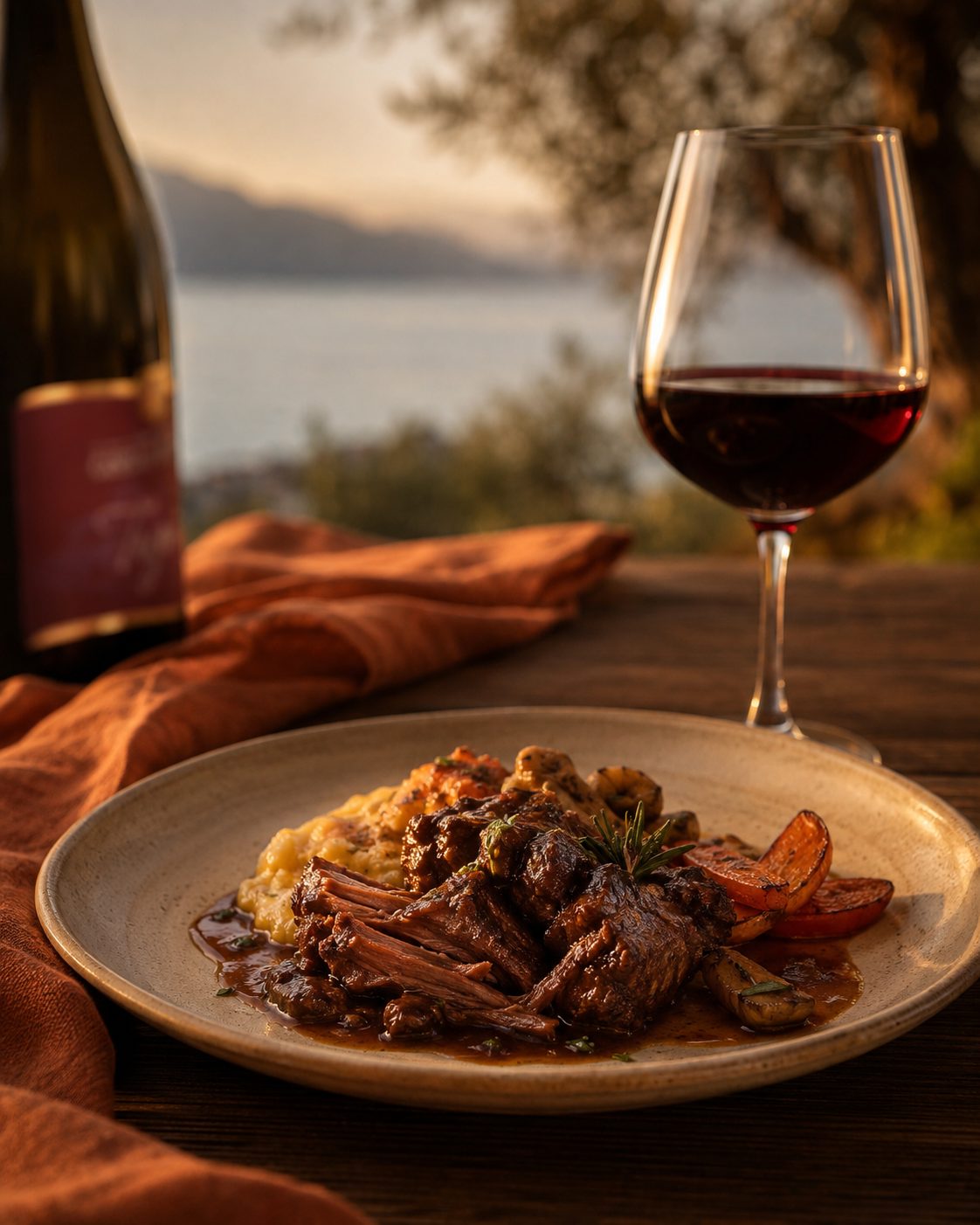 Geschmortes Rindfleisch mit Polenta zum Trepiò von Casello Bondoni – kräftiger Marzemino vom Gardasee