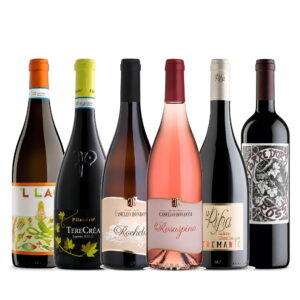 Sechs Flaschen nebeneinander: ’L LAC Lugana, Terecrèa Lugana, Rocheta Bianco, Rosaspina Rosé, Tremante Cabernet Sauvignon und Torre Rosso.