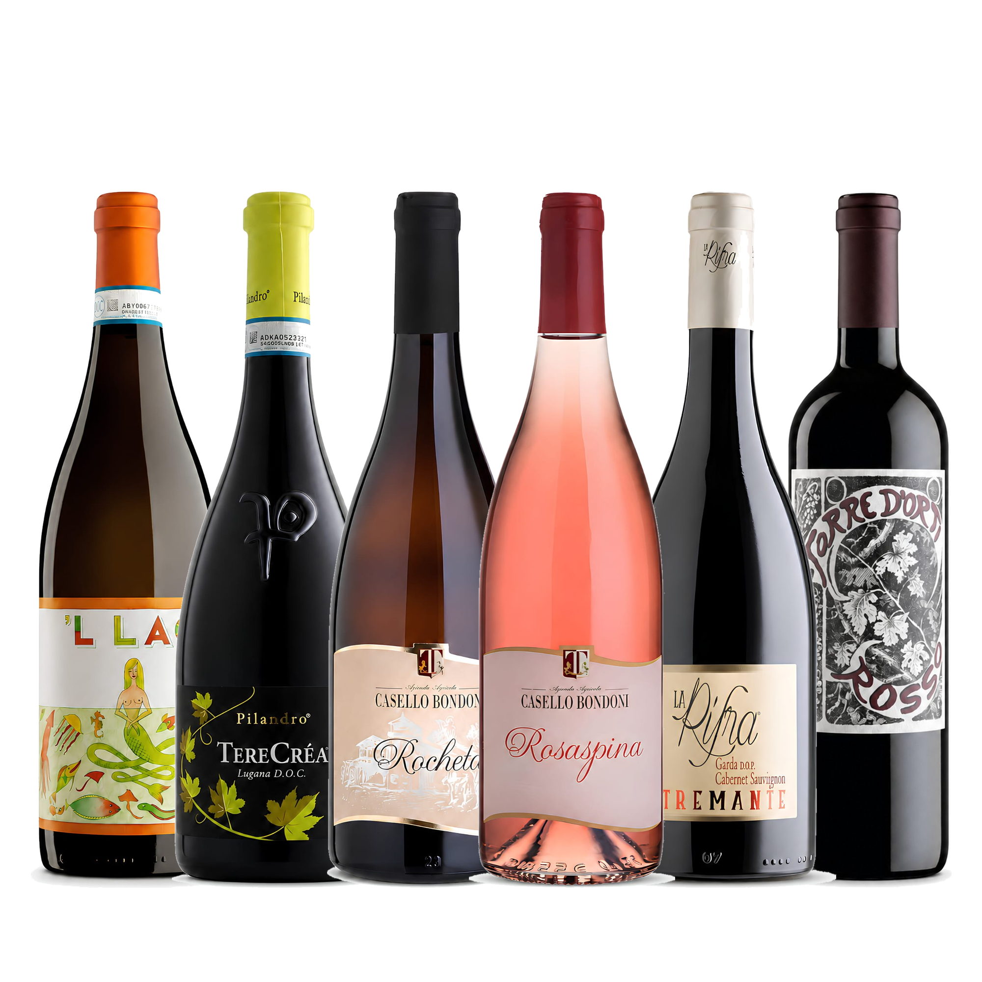 Sechs Flaschen nebeneinander: ’L LAC Lugana, Terecrèa Lugana, Rocheta Bianco, Rosaspina Rosé, Tremante Cabernet Sauvignon und Torre Rosso.