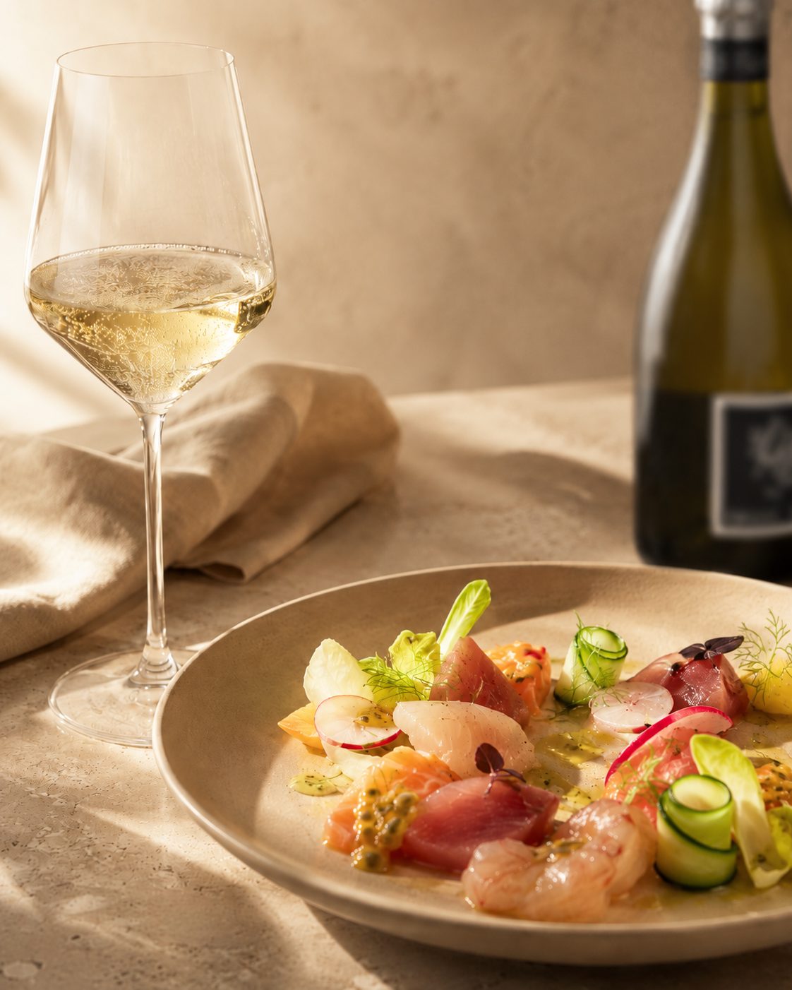 Crudo vom Fisch und Sushi zum Follie Follie von La Rifra – Lugana Brut Spumante aus Turbiana