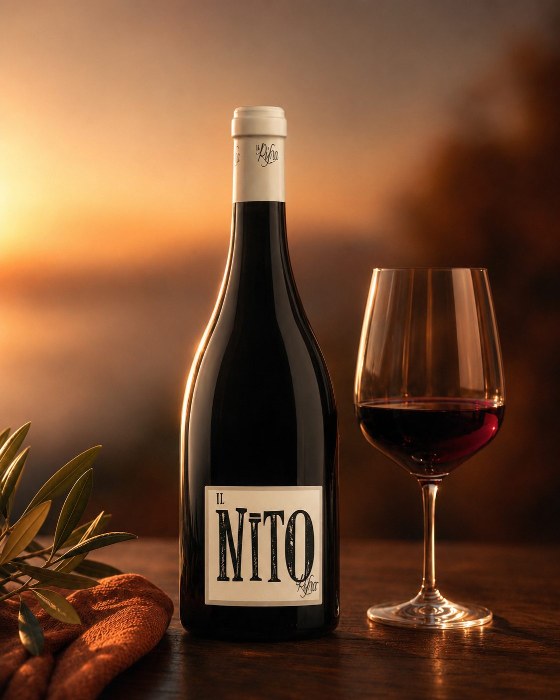 Flasche und gefülltes Glas Il Nito auf dunklem Stein im späten Abendlicht – Rotwein von La Rifra
