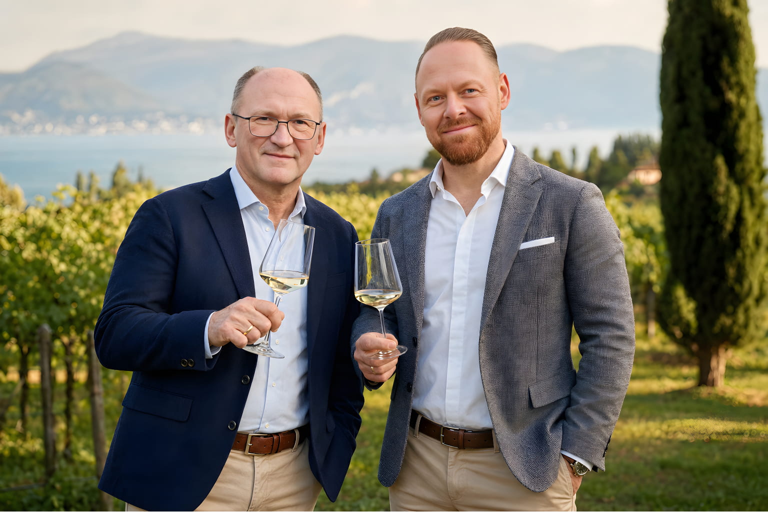Rainer Starke und Thomas Lautner, die Gründer von Luganalover, bei einer Weinverkostung am Gardasee