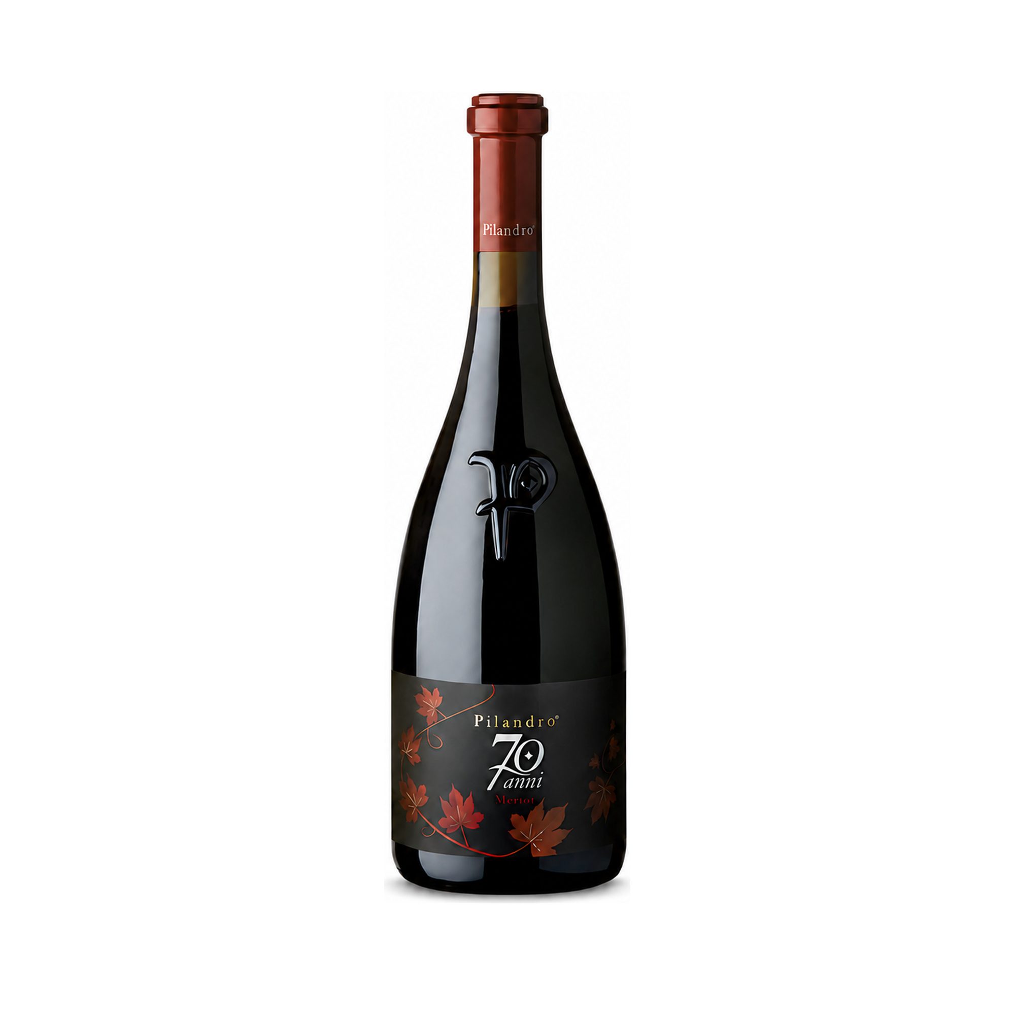 Flasche 70 Anni von Pilandro – trockener Rotwein aus 100 % Merlot vom Gardasee-Südufer, zwei Jahre im Eichenfass, als Vino Rosso ausgebaut