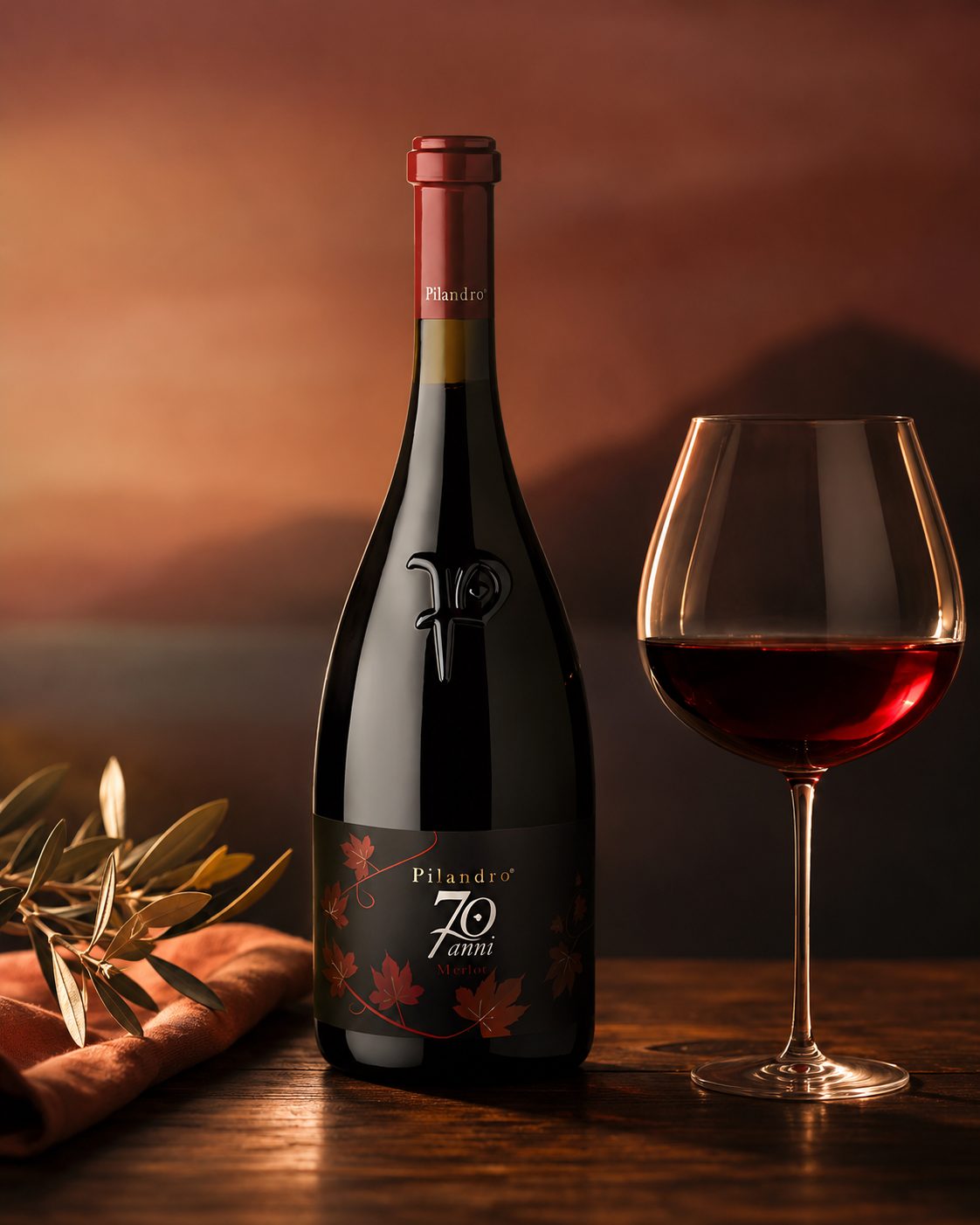 Flasche und gefülltes Glas 70 Anni auf dunklem Stein – Merlot von Pilandro