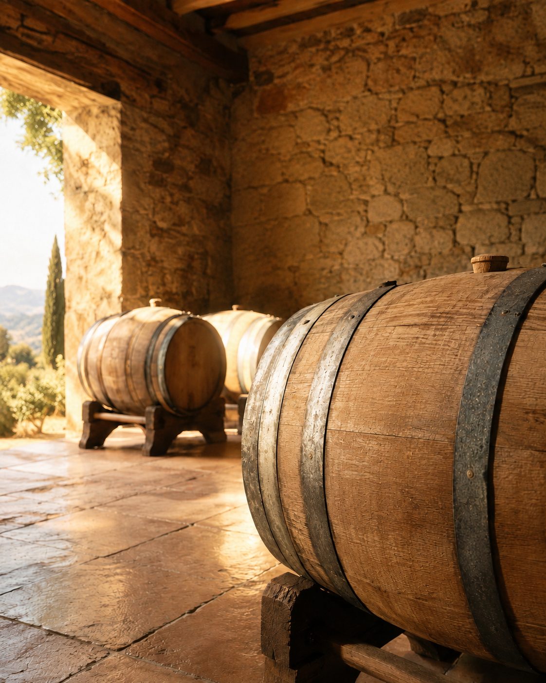Barriques aus französischer Eiche – darin reift der Grappa di Lugana Invecchiata aus Turbiana-Trester von Pilandro am Gardasee-Südufer