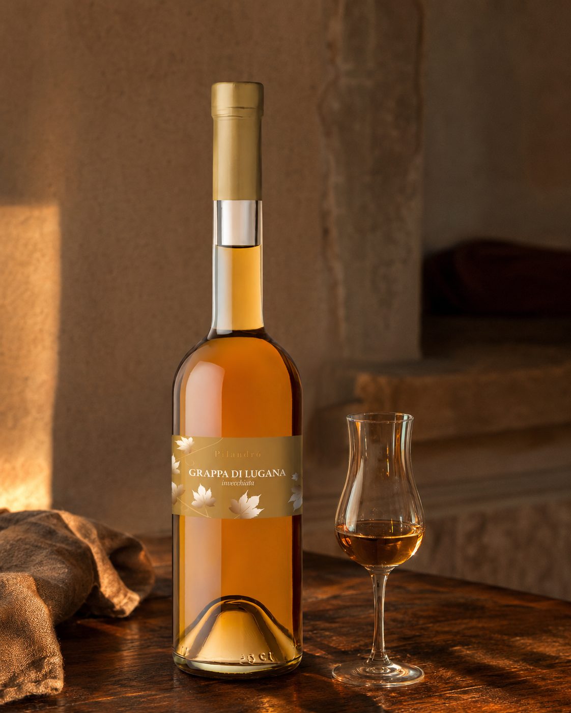 Flasche und Grappaglas Grappa di Lugana Invecchiata auf Holz – barriquegereifter Turbiana-Brand von Pilandro in Desenzano del Garda