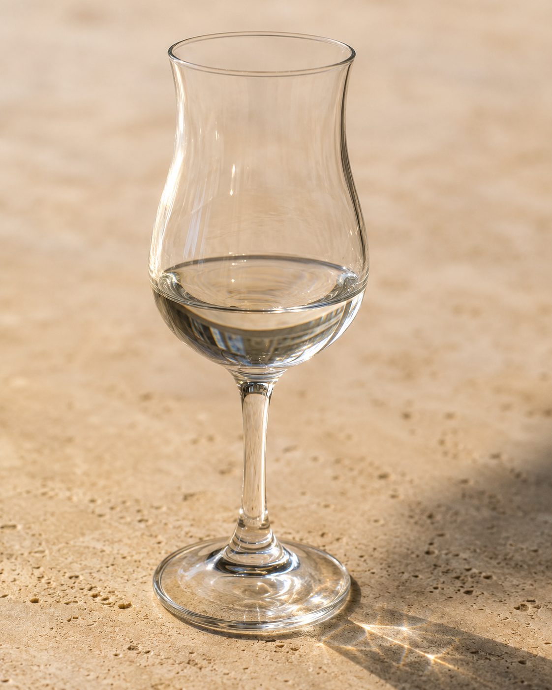 Wasserklarer Grappa im Tulpenglas – Grappa di Lugana Tardiva aus Turbiana-Trester von Pilandro am Gardasee-Südufer, ohne Holzausbau