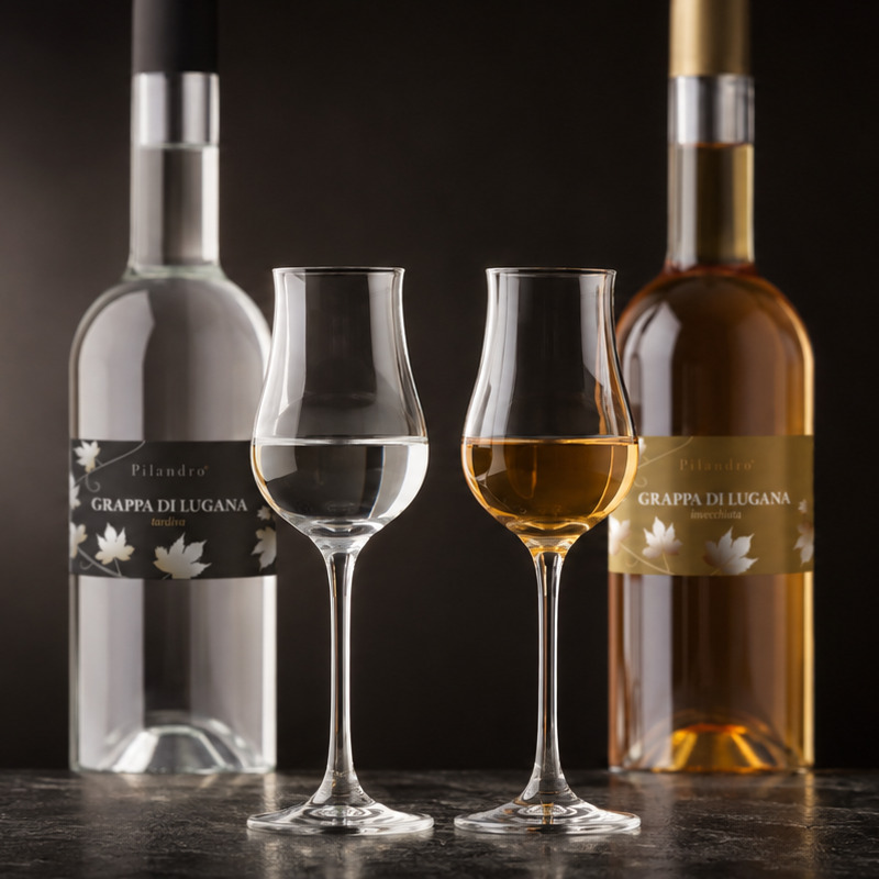 Zwei Grappagläser nebeneinander, farblos und bernstein – Grappa di Lugana Tardiva und Invecchiata aus Turbiana von Pilandro, Desenzano am Gardasee