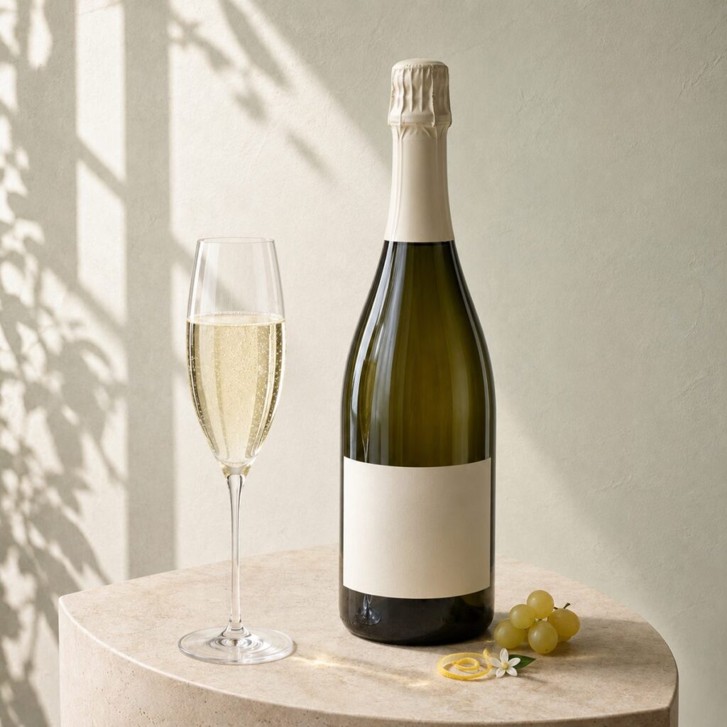 Schaumwein vom Gardasee: gefülltes Glas und Flasche Spumante auf hellem Travertin – Vino Spumante aus Marzemino, Groppello und Turbiana vom Südufer
