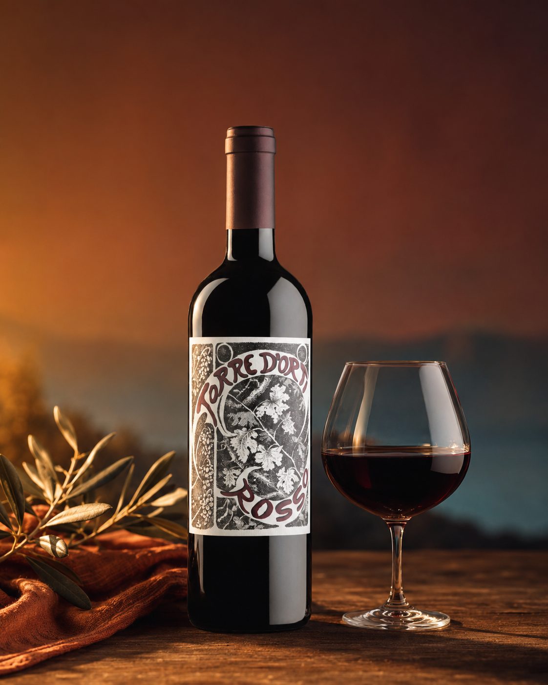 Flasche und gefülltes Glas Torre Rosso auf hellem Stein im Abendlicht – Rotwein von Torre d’Orti
